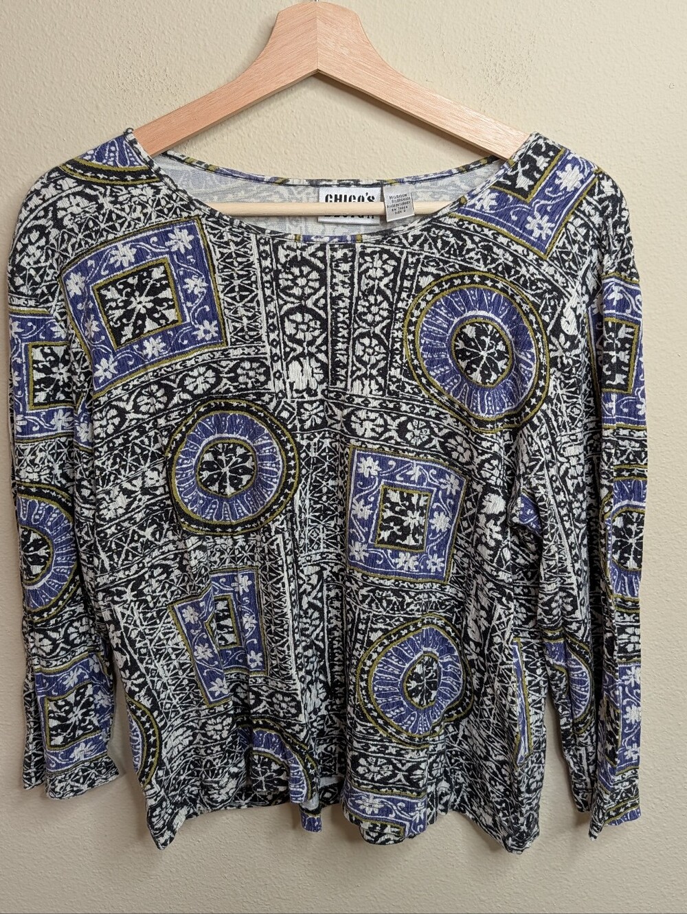 Chico's Design Vintage Medallion Print Top Size 2 (L) Blue Black Gold Tile Print
